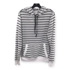 Guess Open Knit Mesh Hoodie Womens Size S Black White Striped Long Sleeve Casual